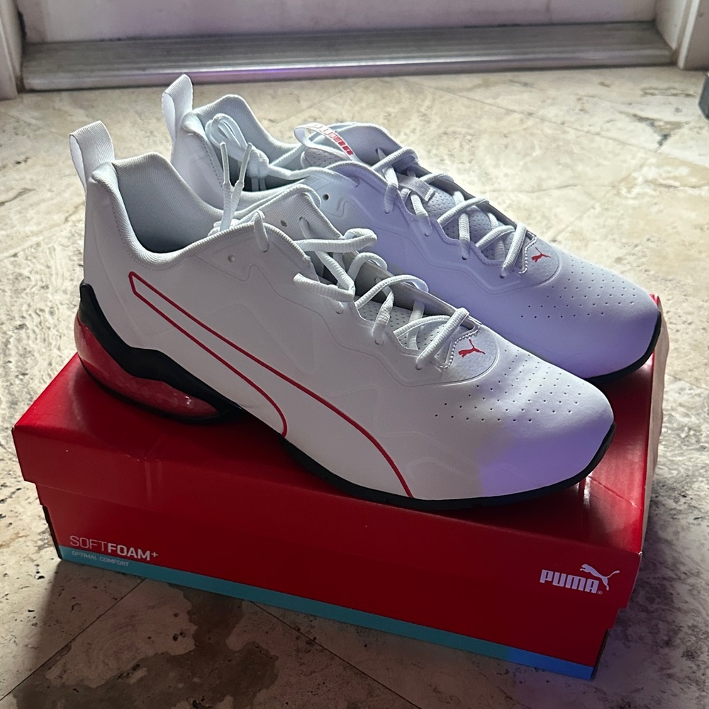 Puma Men's White Tennis Sneakers with Red Accents